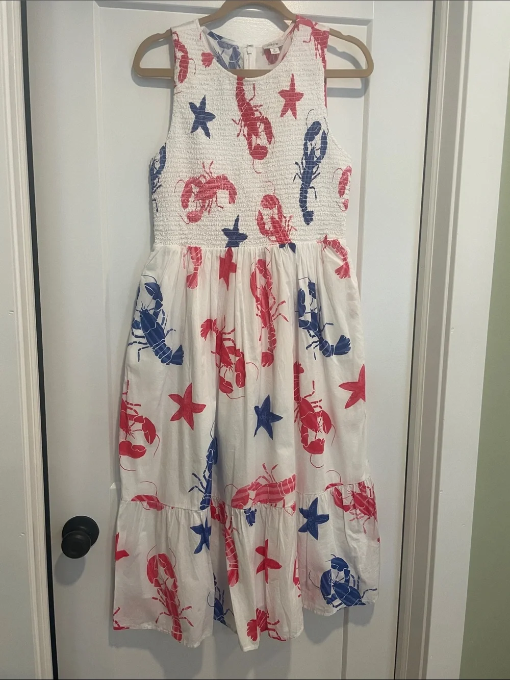 J. Crew White Midi Dress with Red & Blue Nautical Print 🦞